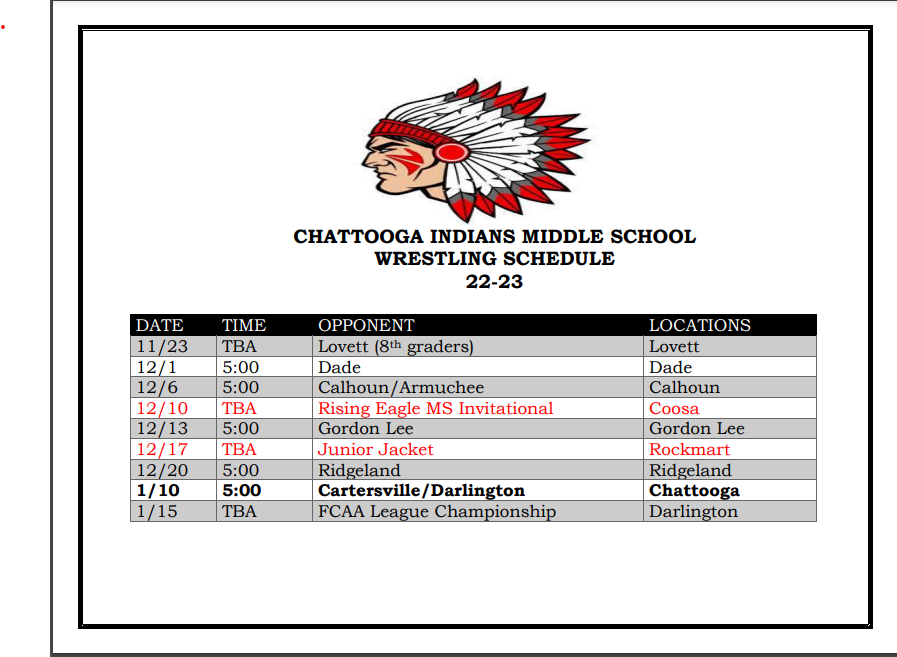 Middle School Wrestling Schedule